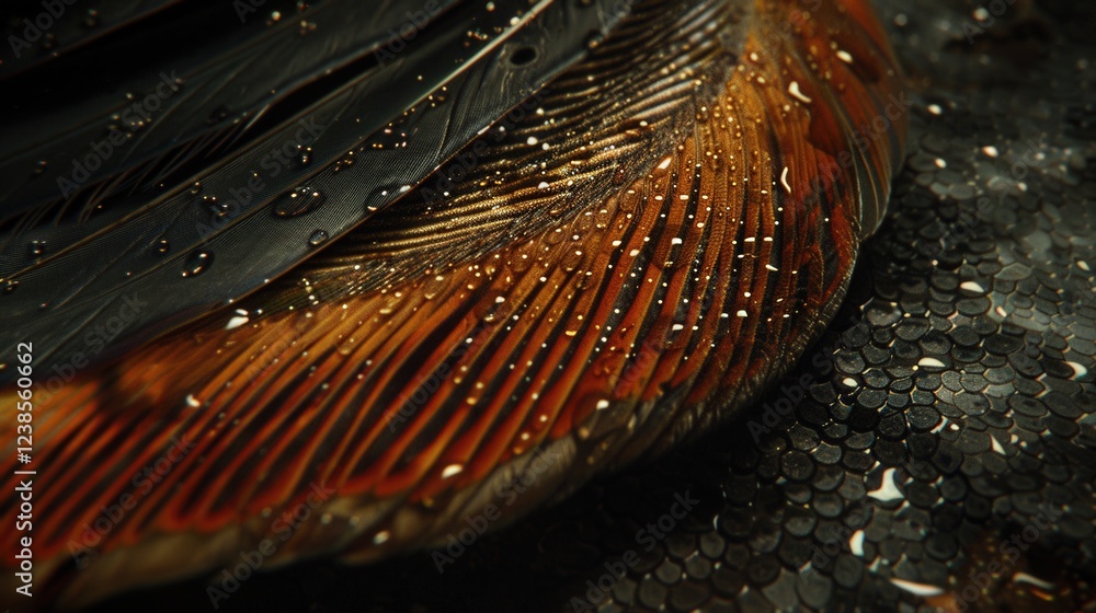 Poster a close-up view of a wet, textured surface with vibrant hues, showcasing intricate patterns and drop