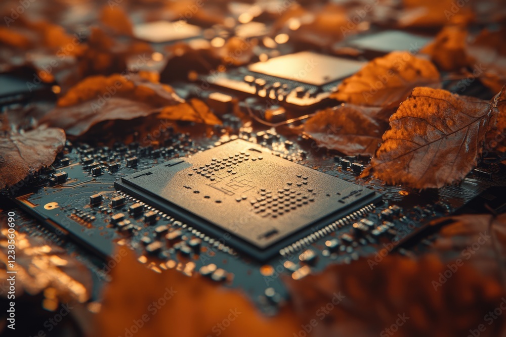 Poster a close-up shot of a circuit board with a central processor, surrounded by autumn leaves.