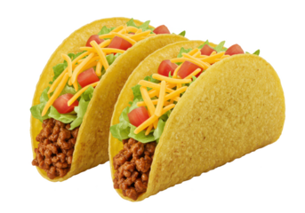 Two crispy tacos filled with seasoned meat, shredded cheese, lettuce, and diced tomatoes, isolated on white background