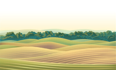 Hilly agricultural landscape, with cultivated by agriculture fields and hills, with a warm dawn sky above the horizon. Vector illustration.