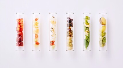 Laboratory test tubes containing various food samples for analysis, showcasing scientific research and quality control in food safety and nutrition studies.