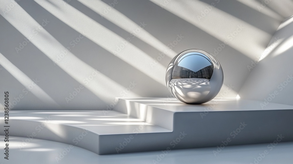 Poster A smooth, reflective orb sits on a slick platform, absorbing and reflecting soft light from angular shadows. The simple design promotes a calming ambiance enriched by its surroundings