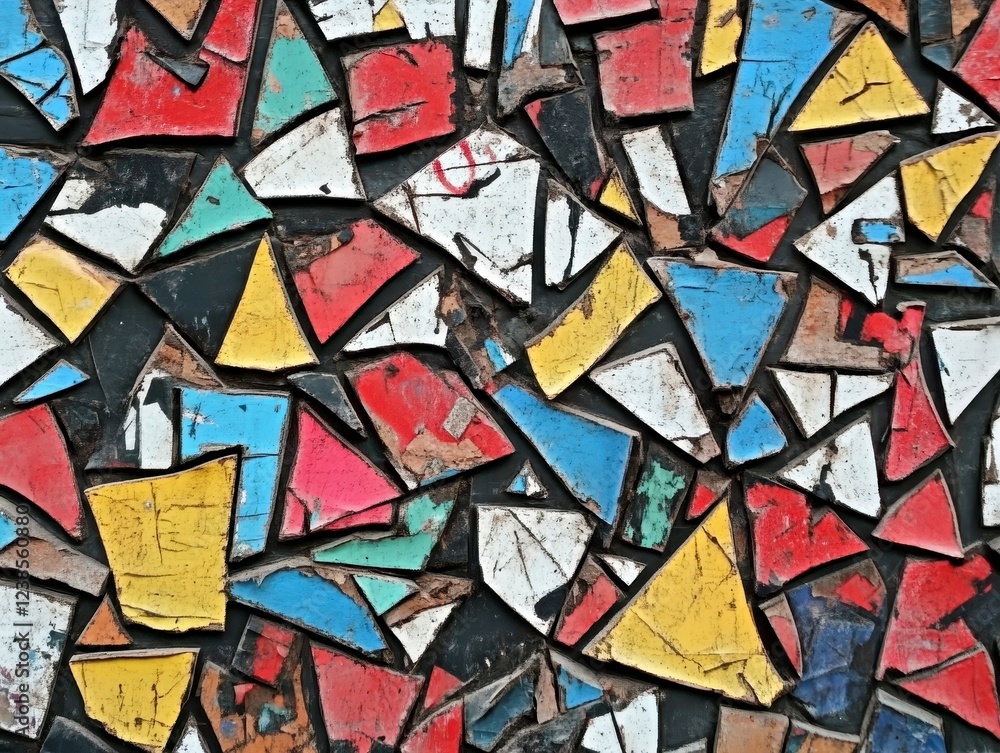 Poster abstract mosaic pattern with multicolored triangular and square shapes. the tiles show signs of wear