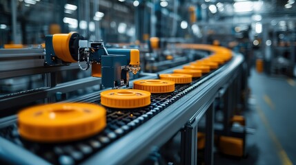 Obraz premium Automated conveyor system with orange wheels transporting items in a bustling factory setting