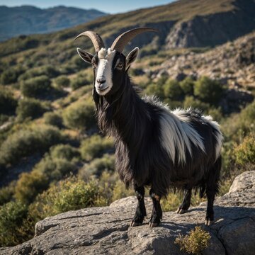 Verata Goat Perched on a Rocky Ledge. Mountain goat on a rock. 