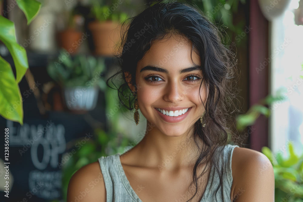 Poster woman smiling and looking directly at the camera in a natural setting with a warm atmosphere and sof
