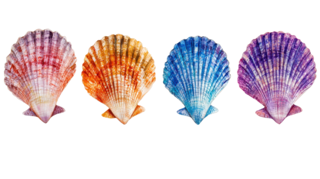 Four colorful scallop shells isolated on transparent background