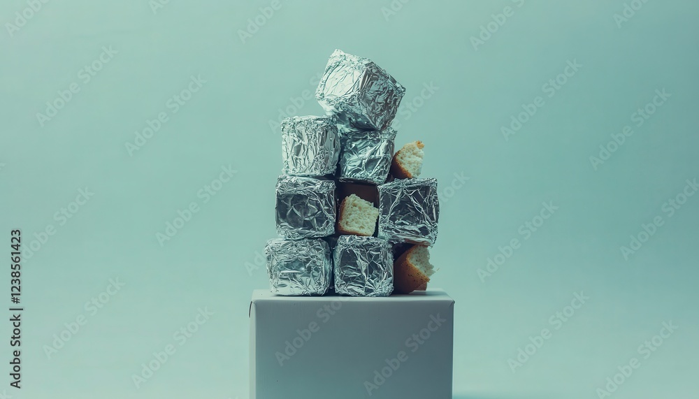 Poster abstract 3d rendering of a stack of pixelated cubes, primarily in shades of gray and white, with hin
