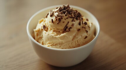 Creamy vanilla ice cream with chocolate in bowl on table