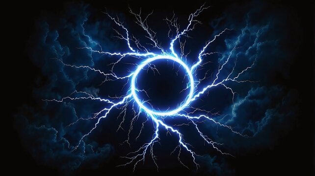 Blue thunder bolt light and electric energy discharge in form of circle on black background. Realistic 3d vector illustration round frame from storm lightning power effect. Thunderbolt strike border.