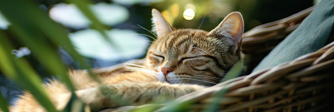 Tabby Cat Sleeping in Wicker Basket Outdoors