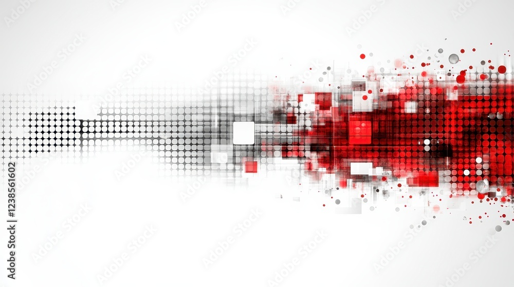 Poster abstract digital art with red and gray squares pixelated and scattered across a white background. th