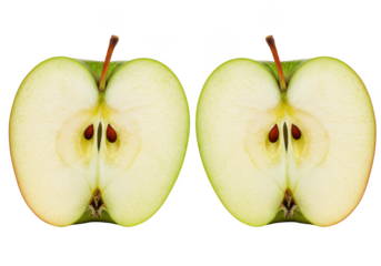 Green and red apple halves showing seeds, isolated on white background