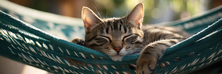 Obraz premium Tabby Cat Sleeping in Teal Hammock