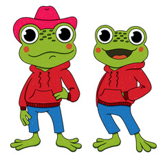 cartoon character frog in clothes, with a hat, cute, funny, illustration on a transparent background 