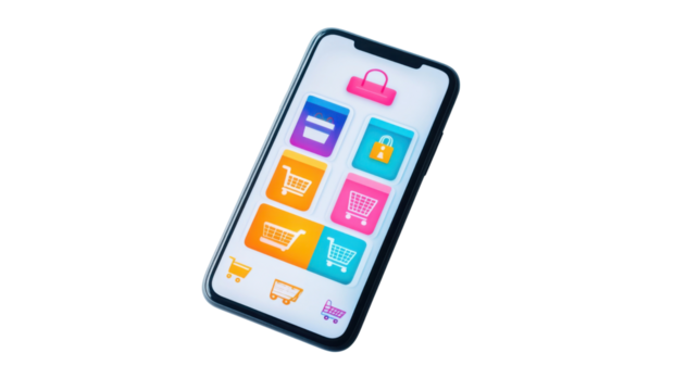 Smartphone showing online shopping app interface with transparent background