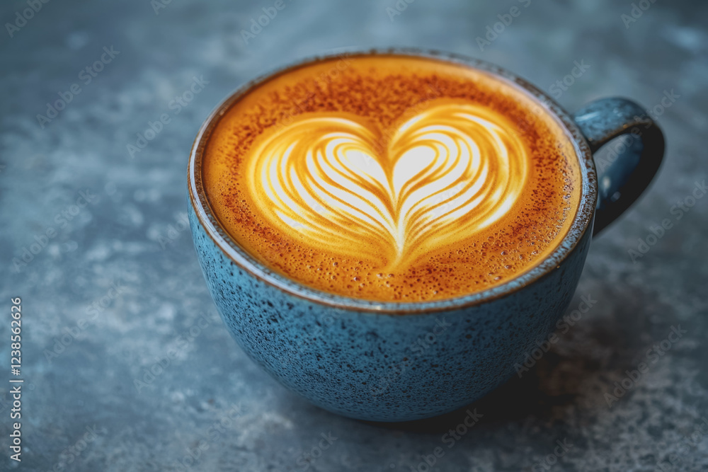Poster a cup of coffee with a heart shape latte art design on the surface resting on a wooden table in a co