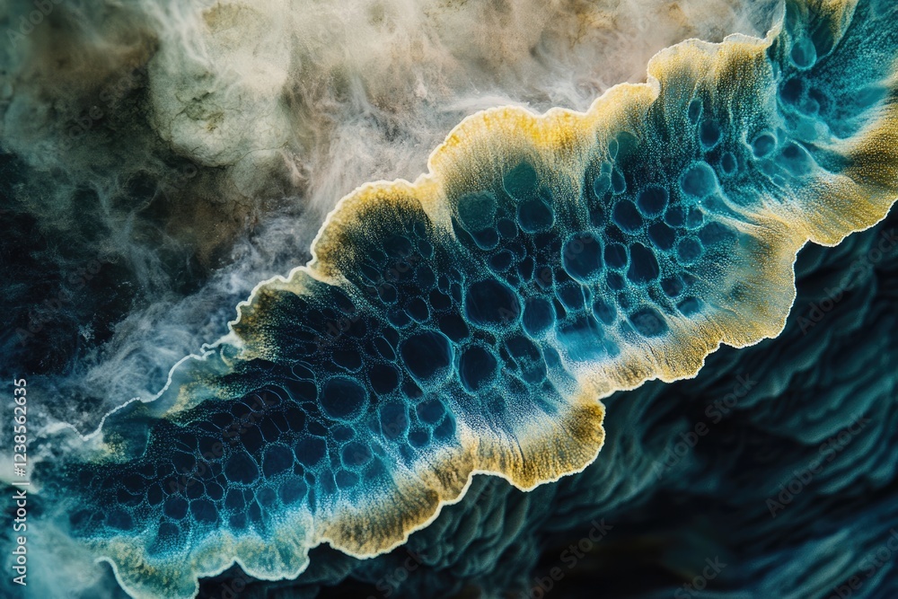 Poster abstract art featuring a teal and gold wave-like pattern with textured bubbles and smoky background.