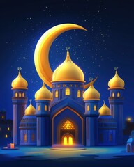 Majestic Mosque Under Crescent Moon: A Nighttime Ramadan Scene.