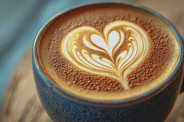 A cup of coffee with a heart design created in the foam served on a wooden table with natural light illuminating the scene