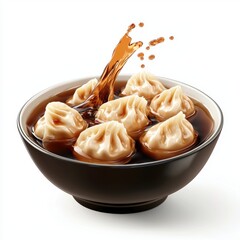 Bowl of Steaming Dumplings with a Splash of Soy Sauce, Isolated on White Background