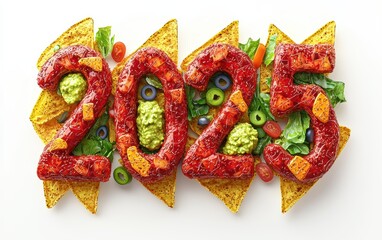 Naklejka premium 2025 Made from Colorful Nachos with Guacamole and Salsa Isolated on a White Background