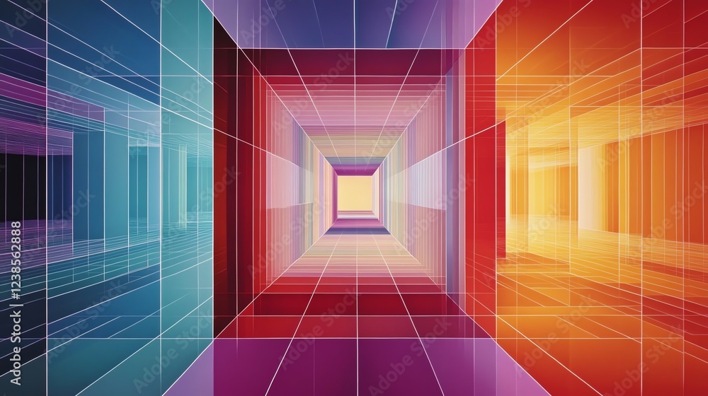 Aufkleber vibrant geometric tunnel with colorful gradients and grid lines in a digital art representation