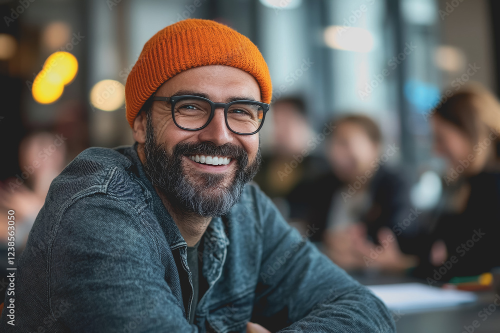 Poster smiling man with glasses and a beanie looking at the camera in a casual setting