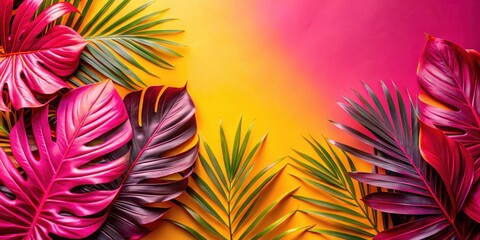 Colorful tropical leaves in a vibrant pink and yellow gradient background with vertical orientation , vibrant pink, landscape photography