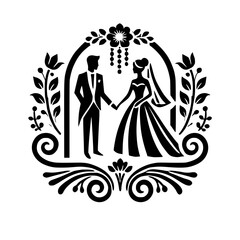 Elegant Wedding Couple Silhouette: Romantic Black and White Vector Illustration. Perfect for invitations, cards, and more!