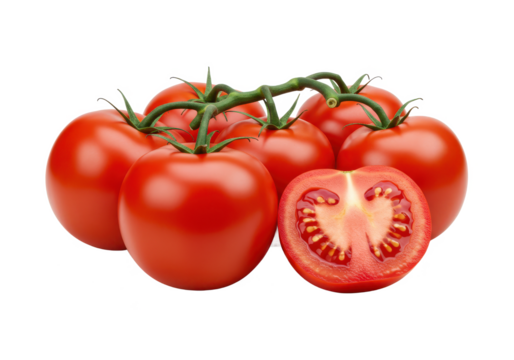 Whole red tomatoes with one slice showing juicy pulp, isolated on white background