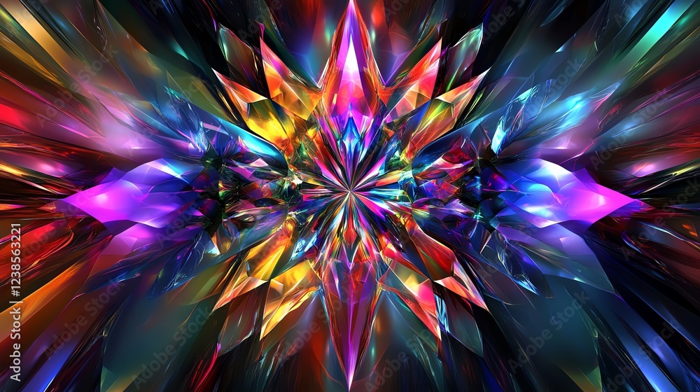 Poster colorful crystal explosion creates a mesmerizing visual experience in an abstract digital art creati
