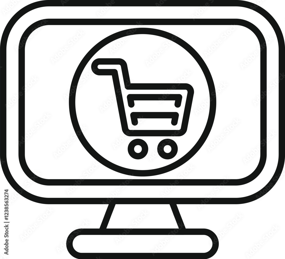 Poster shopping cart symbol displayed on computer monitor representing online retail and e commerce