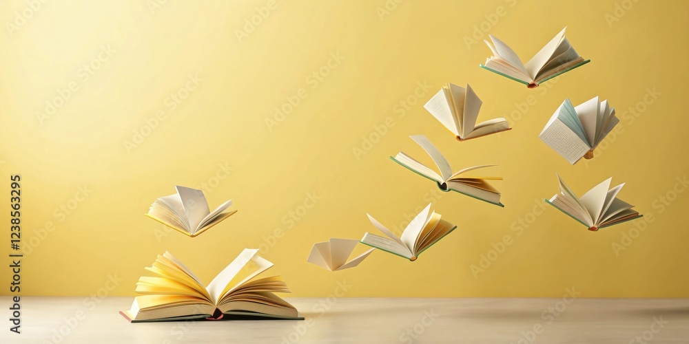 Aufkleber open books levitate against a pale yellow background, creating an image of knowledge in flight.