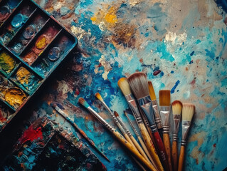 Fototapeta premium Art supplies including watercolor brushes and palette on colorful paint splattered surface evoke creativity and inspiration