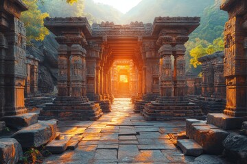 Sunrise at ancient stone temple ruins, India