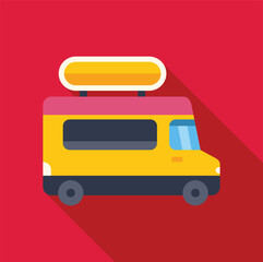 Colorful illustration of a food truck selling street food, featuring a prominent hot dog sign