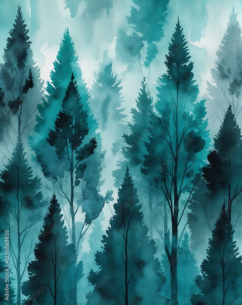 Poster rich teal with watercolor trees slowly blending into the background abstract background