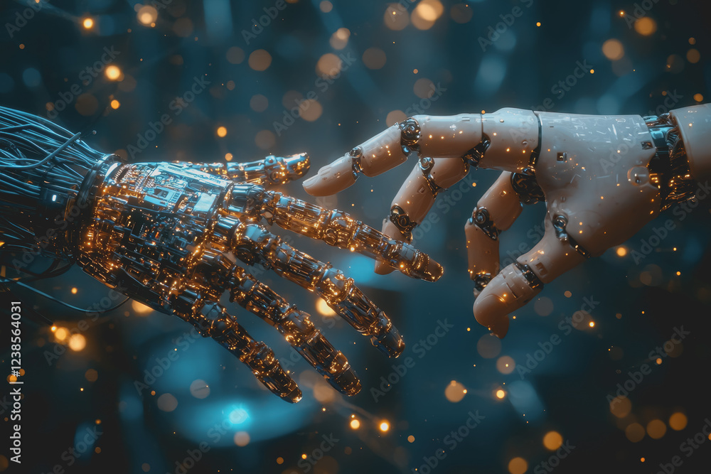 Poster robotic hand holding another robotic hand showcasing advanced technology and innovation in artificia