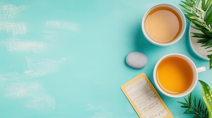 Anxiety relief tools - A worry stone, deep breathing exercise guide, herbal tea, and soothing music playlist card, isolated on a soft sky-blue background with copy space