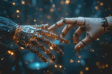 Robotic hand holding another robotic hand showcasing advanced technology and innovation in artificial intelligence and automation