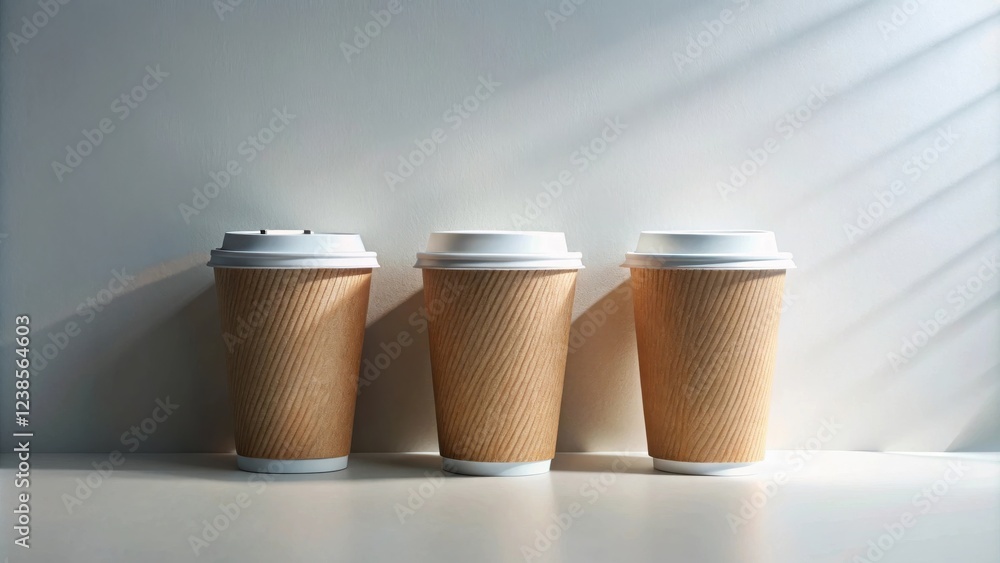 Poster three disposable paper cups with white lids sit in a row against a light wall, illuminated by sunlig