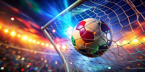 Colorful Football in Goal with Dramatic Low Light
