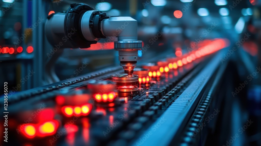 Poster automated robotic arm working on a production line in a factory with glowing lights and machinery