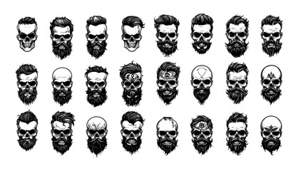 Beard haircut skulls black ink sketch. Skeleton barber dead head moustache chin curtain remains, human cranial bone different hairstyles icons logo, isolated vector illustrations on white