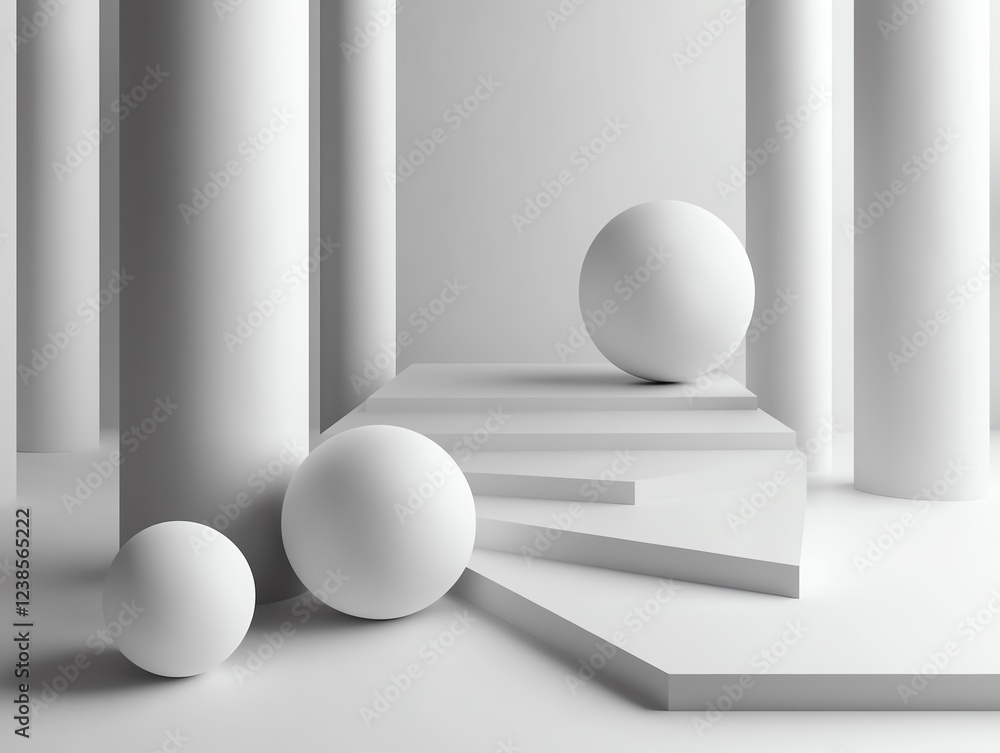 Aufkleber abstract geometric composition featuring spheres and columns in a minimalist indoor setting