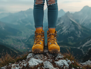 Exploring breathtaking mountain peaks in vibrant hiking boots showcases the excitement of solo travel