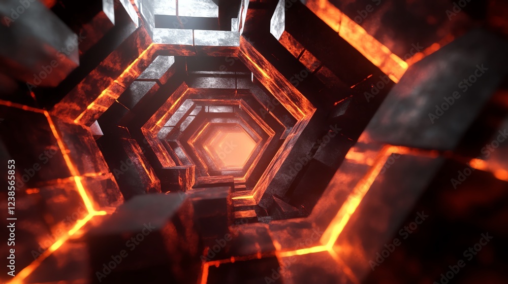 Poster intricate tunnel design illuminated by glowing lava and geometric patterns at twilight