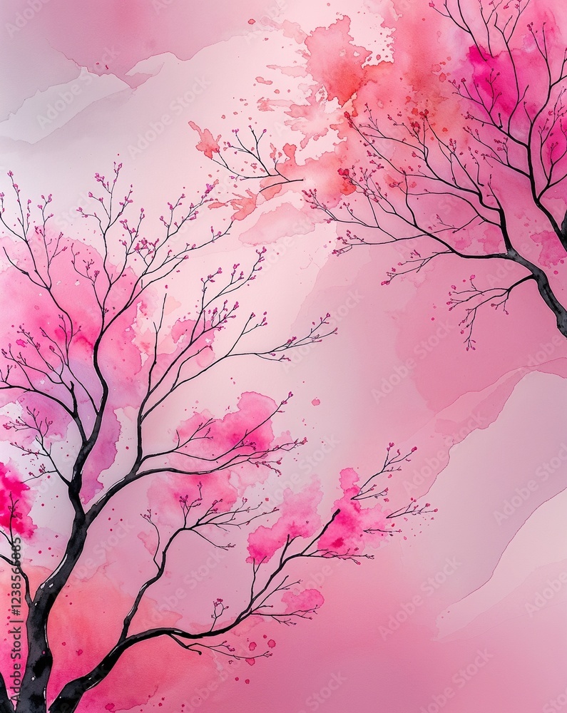 Poster Soft pink with gentle watercolor tree branches and smooth gradient effects abstract background