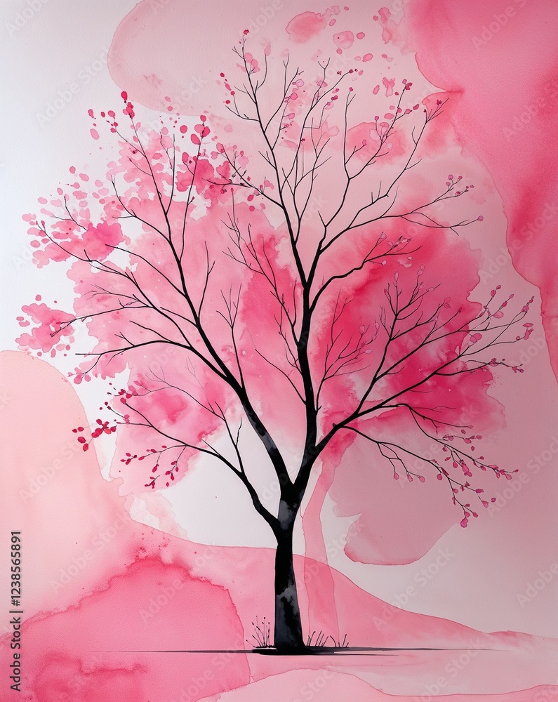 Poster Soft pink with gentle watercolor tree branches and smooth gradient effects abstract background